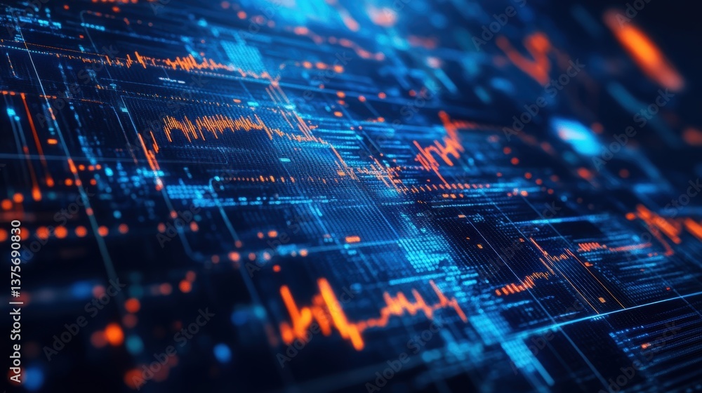 Poster Abstract digital background with blue and orange pattern representing big data in finance and technology innovations