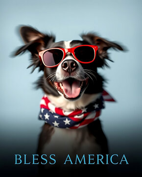  Chihuahua, dog, red sunglasses, American flag scarf, generative AI, 14th July celebration, soft light blue background, BLESS AMERICA. Created by generative AI.