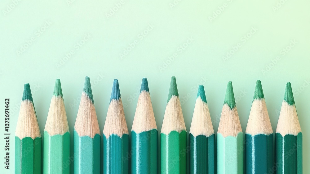 Poster Gradient of Green Colored Pencils Arranged Neatly on a Light Green Background for Artistic Design