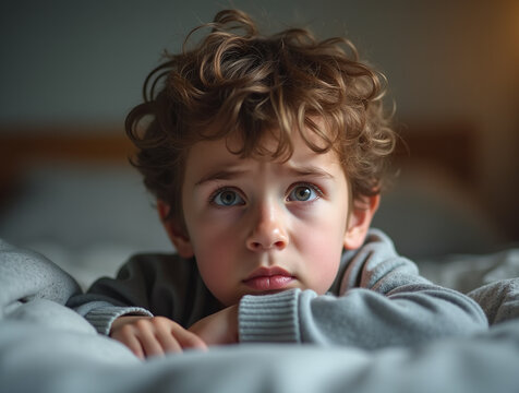 a moody boy with messy hair in bed 