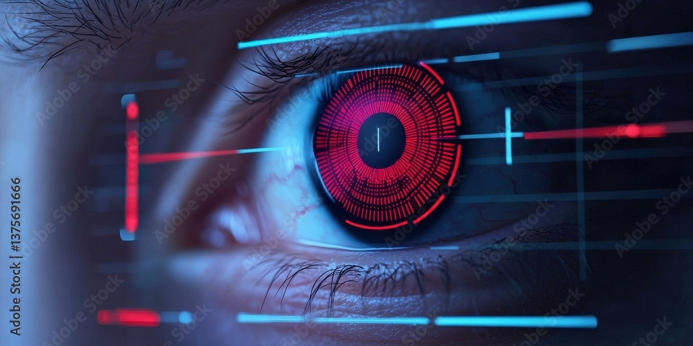 Poster cyber security awareness surveillance training concept. close-up of an eye with digital interface el