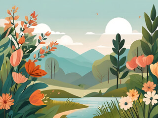 Flat Style Nature Scenery with Flowers