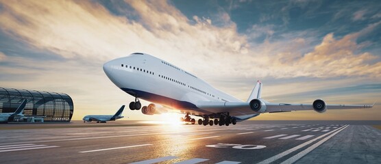 Commercial Airplane Taking Off, Modern Airport Runway at Sunset, Travel Concept, 3D Rendering..