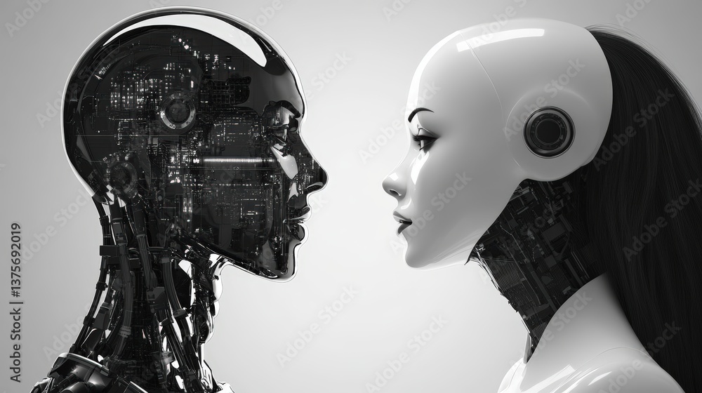 Poster human woman engaging with a friendly robot in an office setting promoting collaboration between ai a