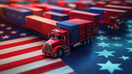 Red American truck with flag vehicle transportation, Importing goods from America, tax balancing