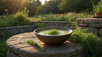 Creamy Green Soup Served Outdoors at Sunset with Fresh Herbs