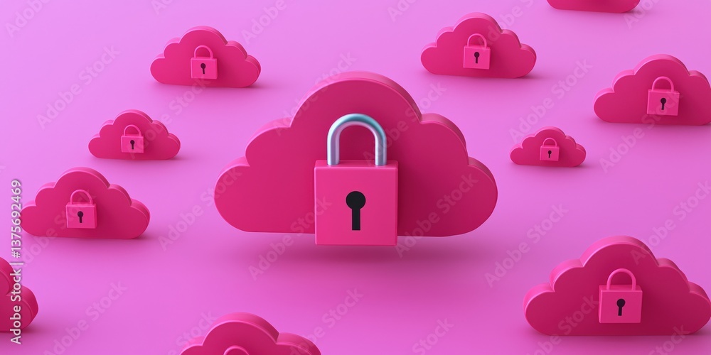 Poster cyber security awareness surveillance training concept. clouds with locks on a pink background symbo
