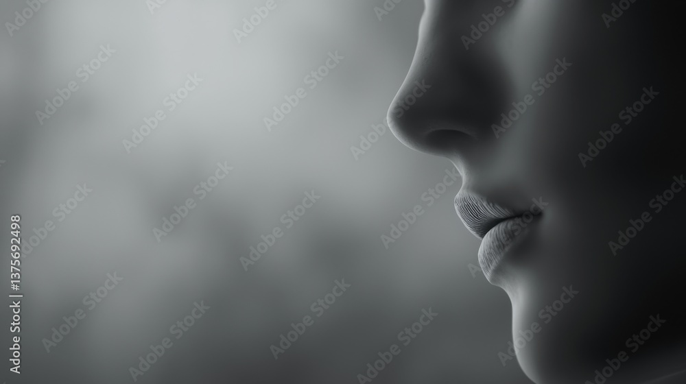 Poster a close-up profile view of a person's serene face with soft shadows and light.