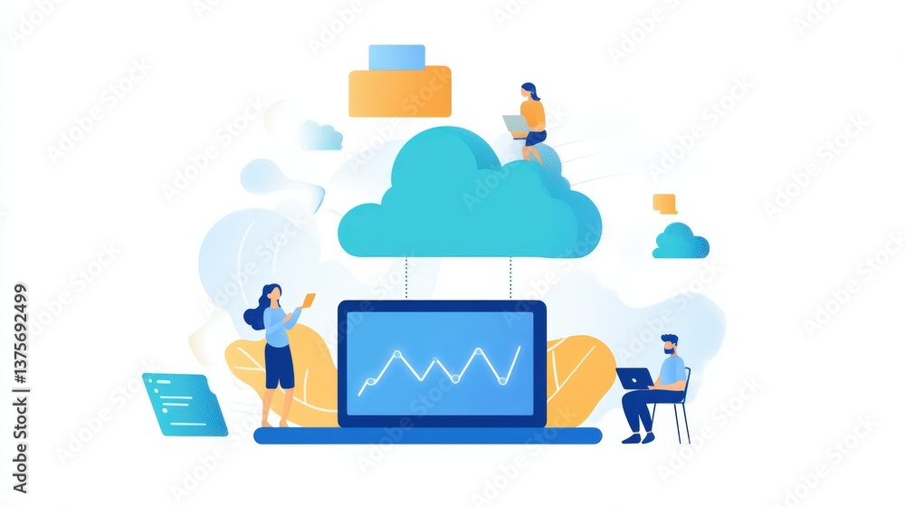 Poster cloud computing platform featuring laptop and man sitting on chair, illustrating ai-powered cloud so