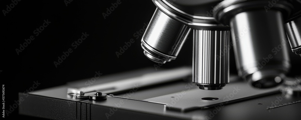 Poster a close-up view of a microscope showcasing its intricate details and features.