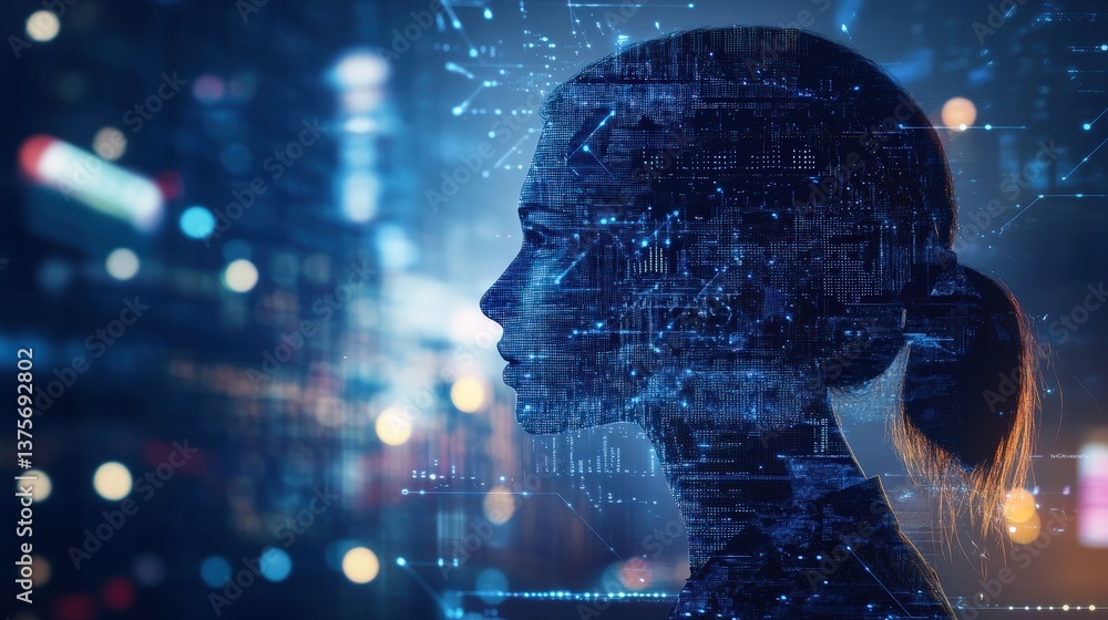 Poster woman's face surrounded by digital interface elements representing ai-powered business solutions and