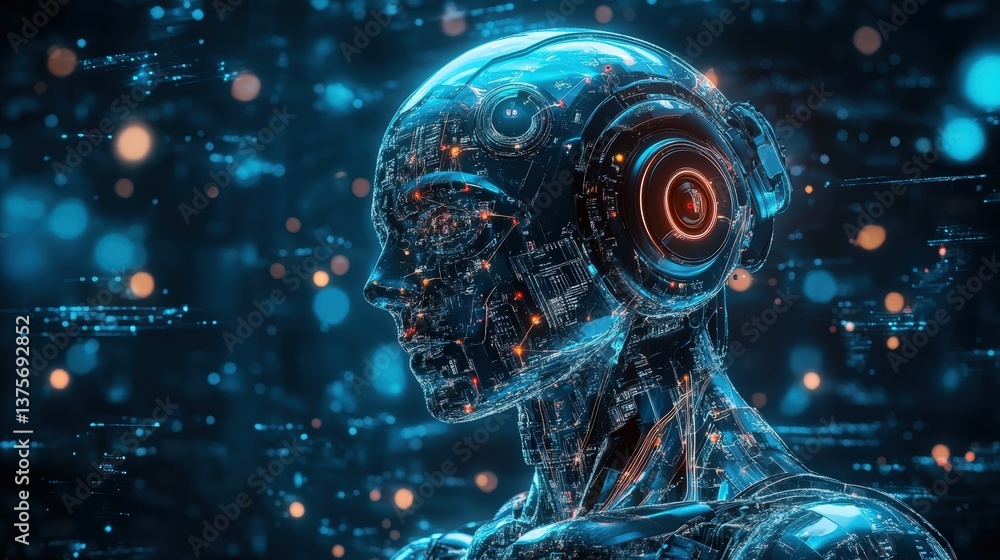 Poster robot with headphones showcasing advanced interactive technology and ai-powered solutions for busine