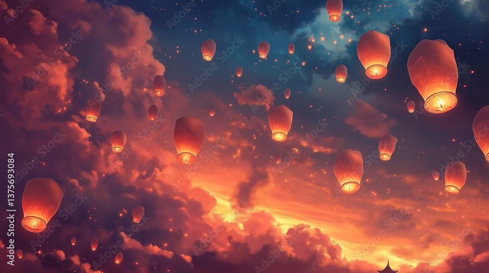Poster a dreamscape with floating lanterns drifting toward the heavens.