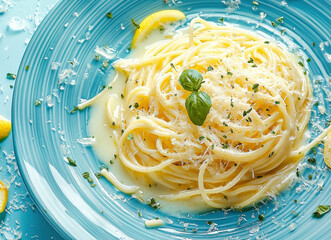 Start of creamy pasta with lemon and fresh herbs, served on a blue plate against a white background. Bright, fresh, and appetizing—perfect for modern food photography and recipe visuals.