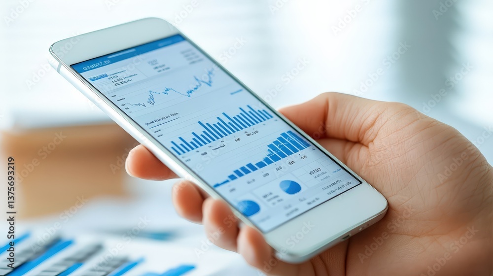 Aufkleber person reviewing financial data graphs and charts on smartphone screen mobile business analytics app