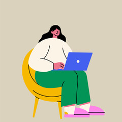Woman working on laptop. Cozy home office. Remote work. Freelance. Modern minimalist flat illustration