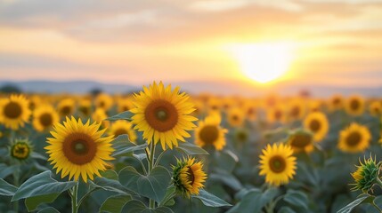 Obraz premium A field of sunflowers stretching endlessly under a pastel-colored sky.