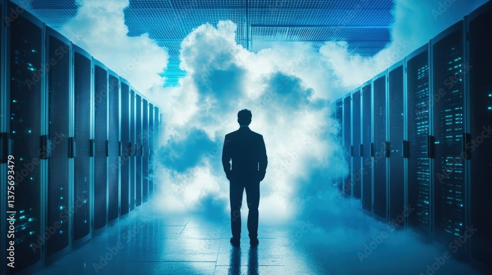 Poster man in server room configuring cloud computing infrastructure for startups with high-tech equipment 