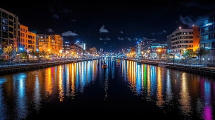 Fototapeta premium Night Lights Reflecting on the City Canal