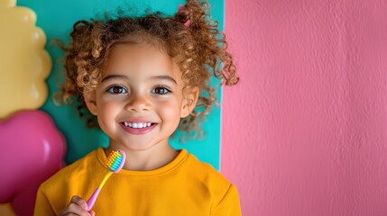 Adorable Smiling Toddler  Brushing Teeth with Brown Ringlet Hair and Bright Eyes