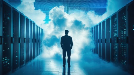 Man in server room configuring cloud computing infrastructure for startups with high-tech equipment and cables