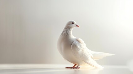 Obraz premium A graceful white dove stands on a sunlit branch, its head cocked to one side in a curious expression.