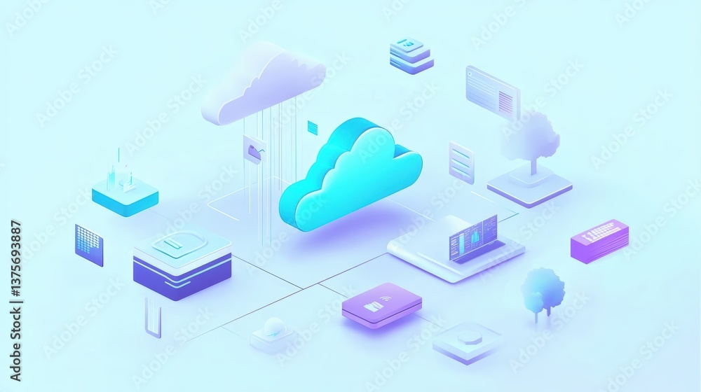 Poster Cloud surrounded by various digital devices illustrating the concept of a cloud computing ecosystem and connectivity