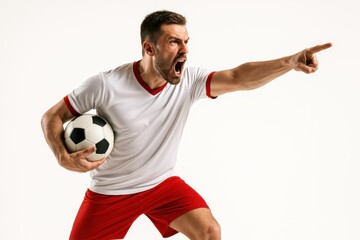 Emotional man, soccer player in red and white uniform shouting and pointing while holding ball on white background. Concept of sport, emotions, competition, leadership, action