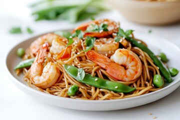 Enjoy Delicious Shrimp Noodle Stir Fry with Fresh Snap Peas and Herbs