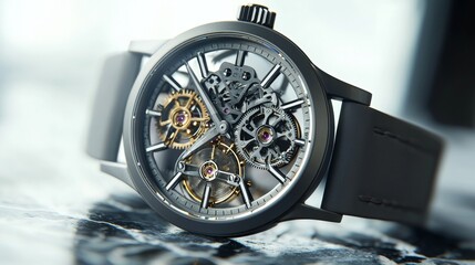 A detailed close-up of a sleek mechanical watch showcasing its intricate design.