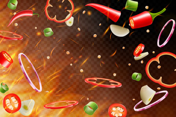 Red chili splashing with chili powder, garlic, onion elements on fire background. Flying and burning vegetables on dark background. Vector realistic in 3D illustration.