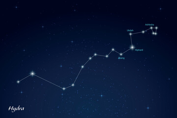Hydra Constellation with Star Names in Night Sky