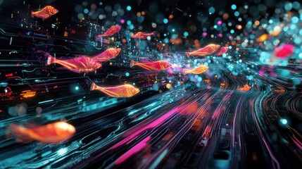 Obraz premium Digital abstract artwork featuring glowing fish in a vibrant scene