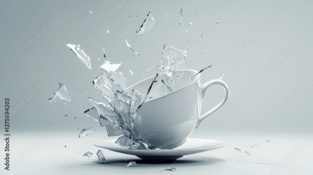 Poster a dynamic image of a shattered cup, showcasing a moment of unexpected chaos.