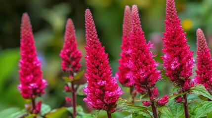 Vibrant pink flowers in a lush garden setting.