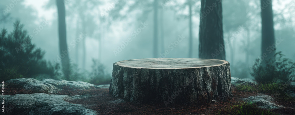 Poster serene forest scene features large wooden podium made from tree stump surrounded by misty trees and 