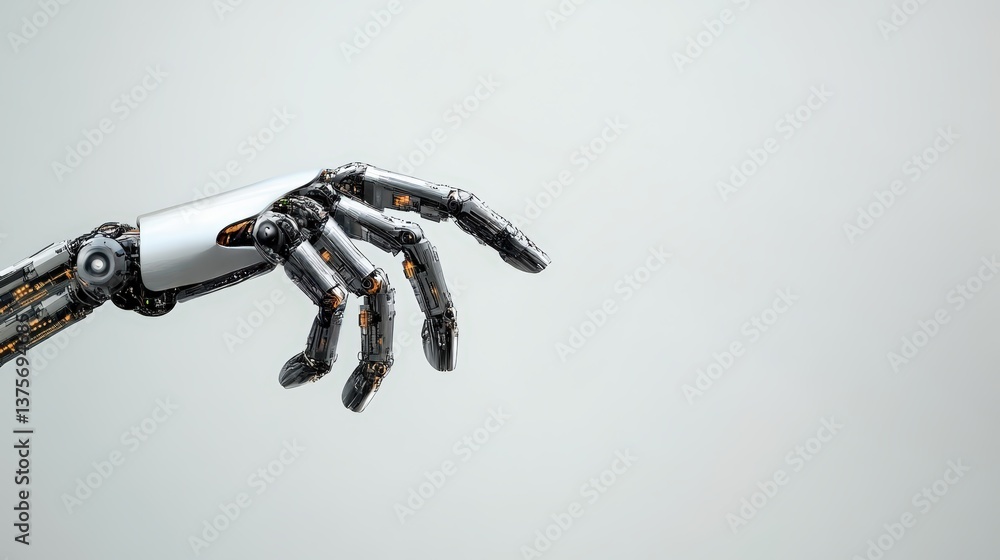 Poster a robotic hand demonstrating advanced technology and transformation in business operations and autom