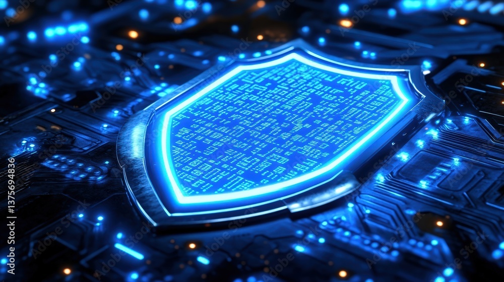 Poster futuristic digital shield on circuit board glowing blue light representing cybersecurity and data pr