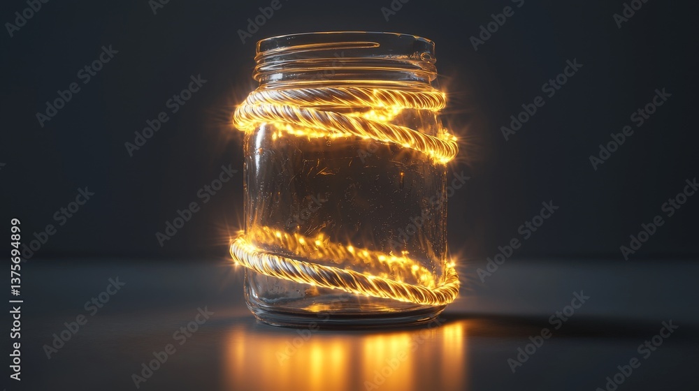 Poster a glass jar wrapped in glowing string lights, creating a warm and inviting atmosphere.