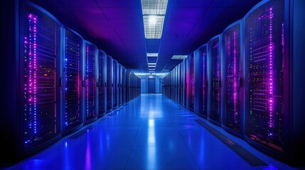 Modern Data Center Server Room Corridor with Illuminated Racks and High Tech Infrastructure