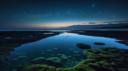 Reflecting Night Sky Over Calm Coastal Pool With Green Mossy Rocks