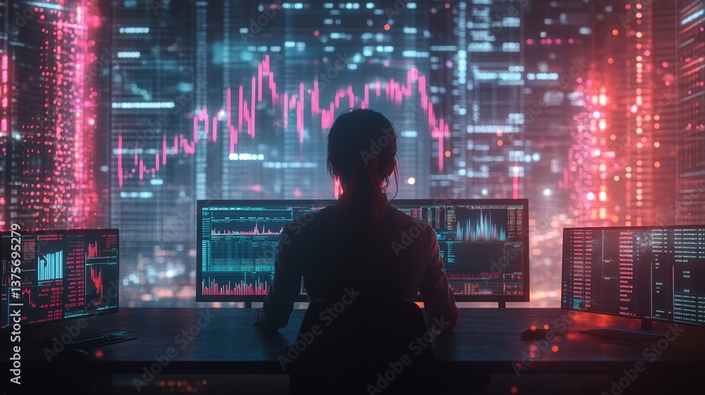 Poster woman stock trader analyzing financial data on multiple monitors at night