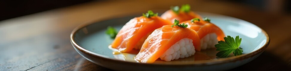 A plate of sushi with a single piece of salmon on top , food, morning