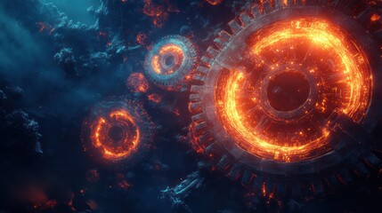 Glowing orange circular gears floating in a dark atmospheric space
