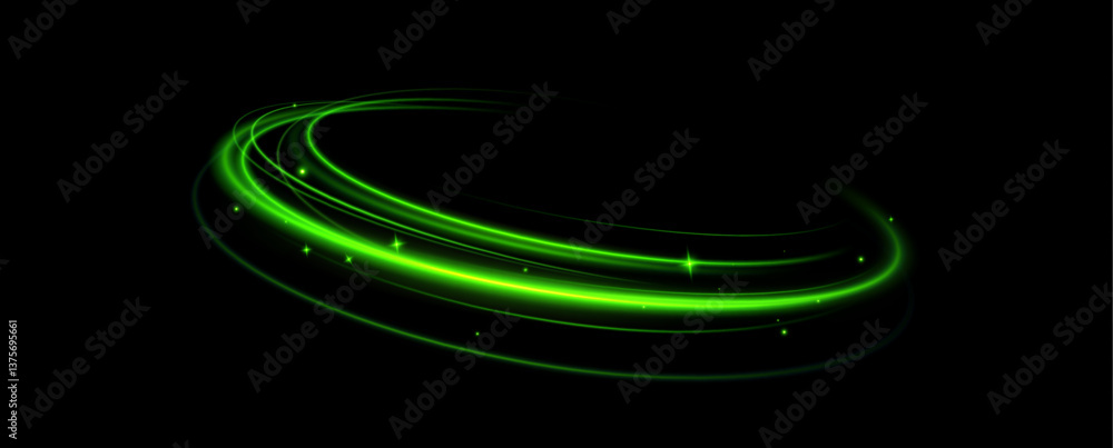 Poster Green neon ring. Glowing circle. Glow effect. Round light frame. abstract light lines of movement and speed. Abstract light lines of movement and speed. light green ellipse.	