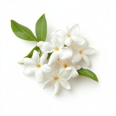 Obraz premium Delicate White Gardenia Flowers with Lush Green Leaves Isolated on White Background