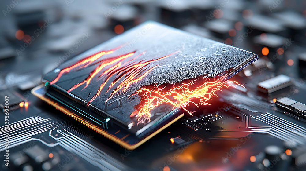 Poster explosive innovation in technology power surge in a microchip digital lab 3d render high-tech enviro