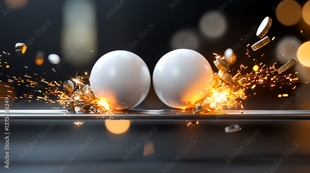 Poster explosive collision of two balls sparks coins indoor setting action shot dynamic environment close-u