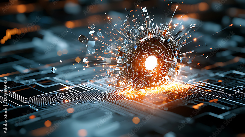 Poster explosive digital decay event virtual circuit 3d visualization futuristic environment close-up viewp