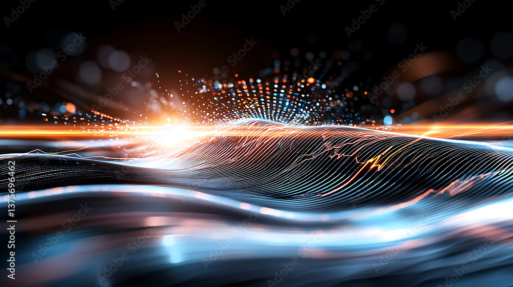 Poster dynamic waves of light and data abstract digital landscape art creation futuristic environment close